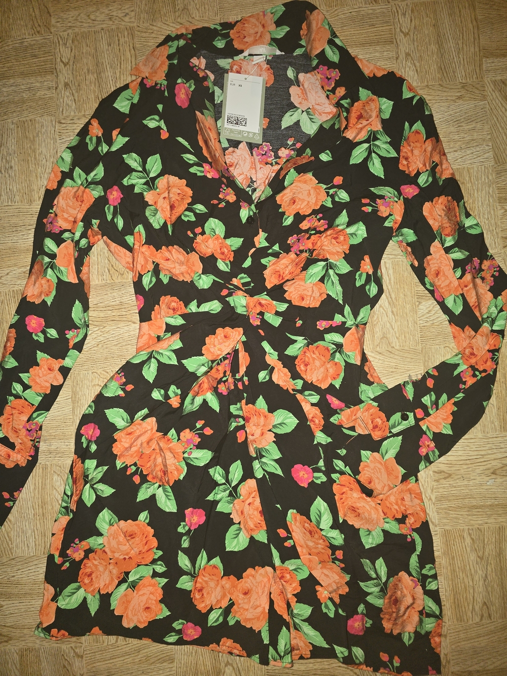 H&M Black Mini Dress with Orange Rose Print